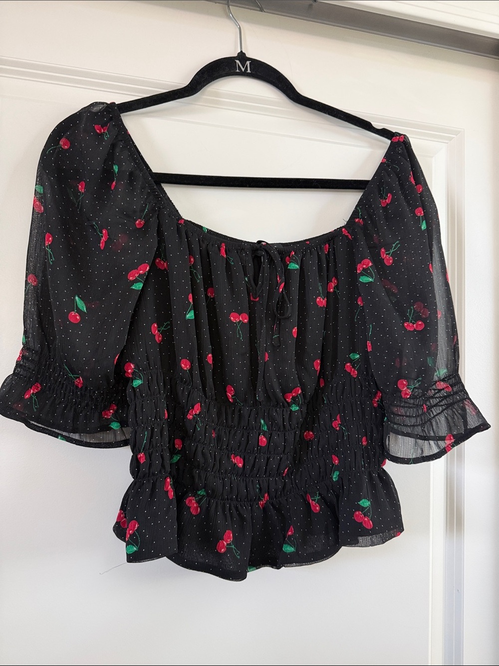 Black Cherry Print Smocked Peasant Blouse